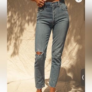 Agolde Jamie Medium Wash High-Rise Classic Raw Hem Jeans